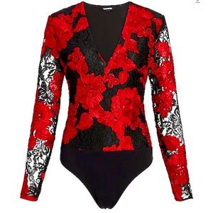 Express: Lace Embroidered Red and Black Floral Long Sleeve Bodysuit
